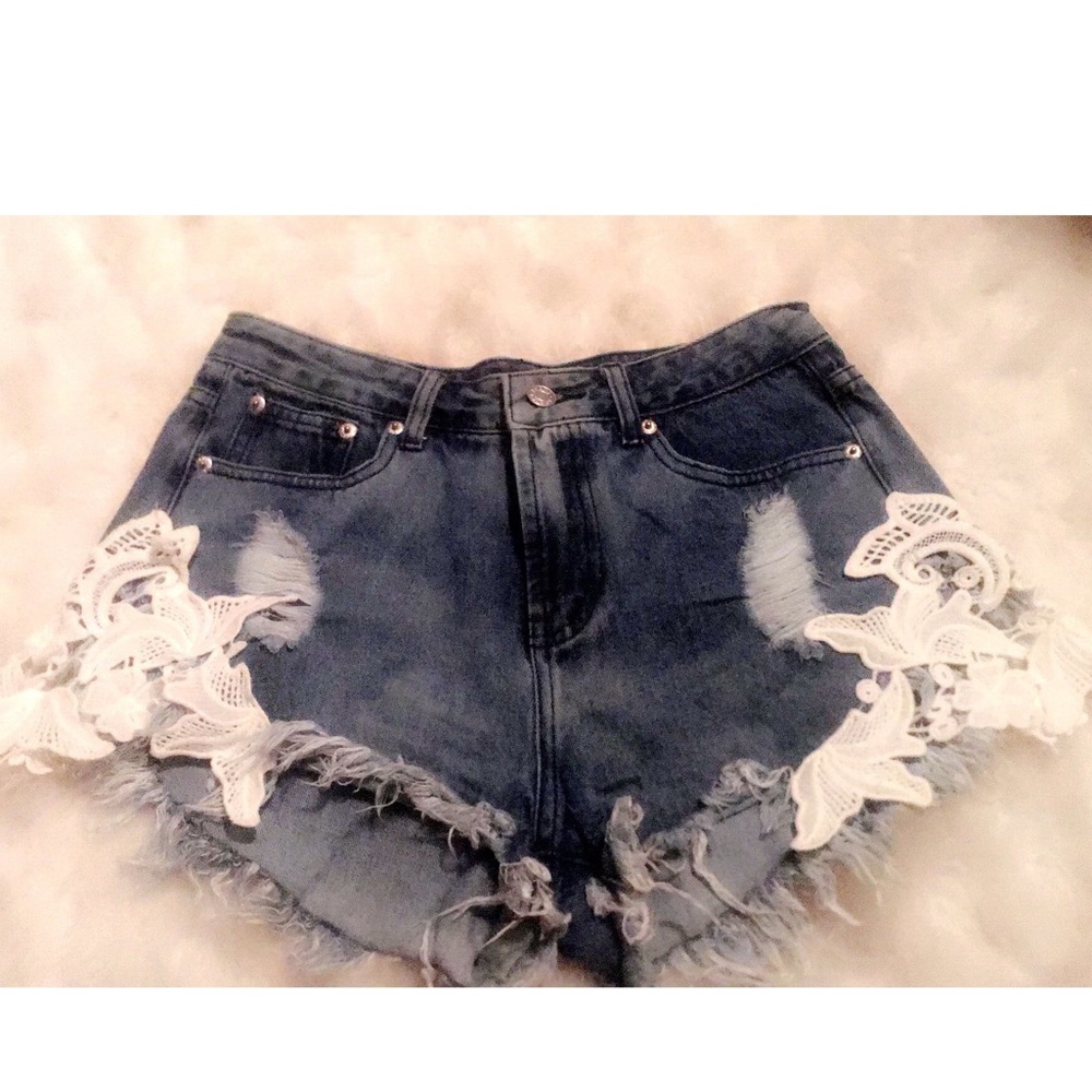 White Lace Detail Denim High Waist Shorts